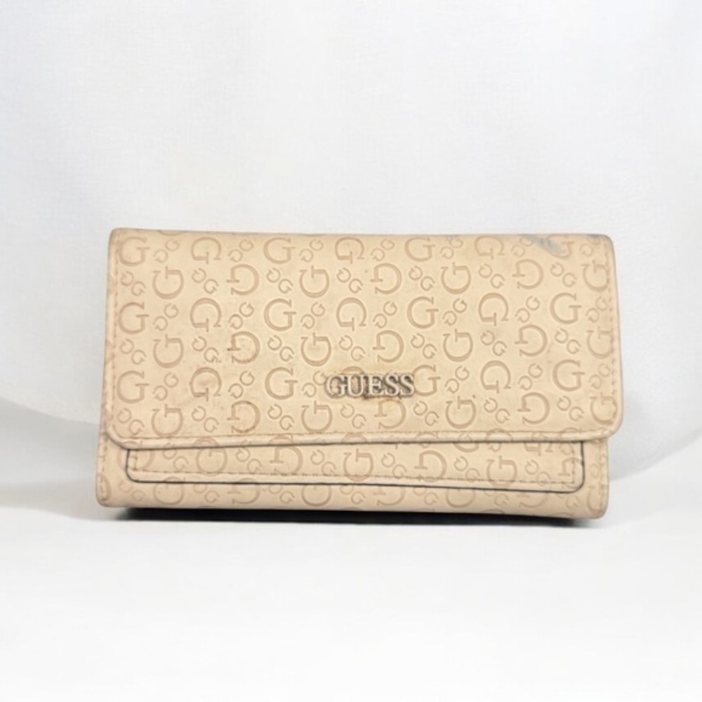 Guess Beige Monogram Clutch Signature Logo Print Designer Evening Bag